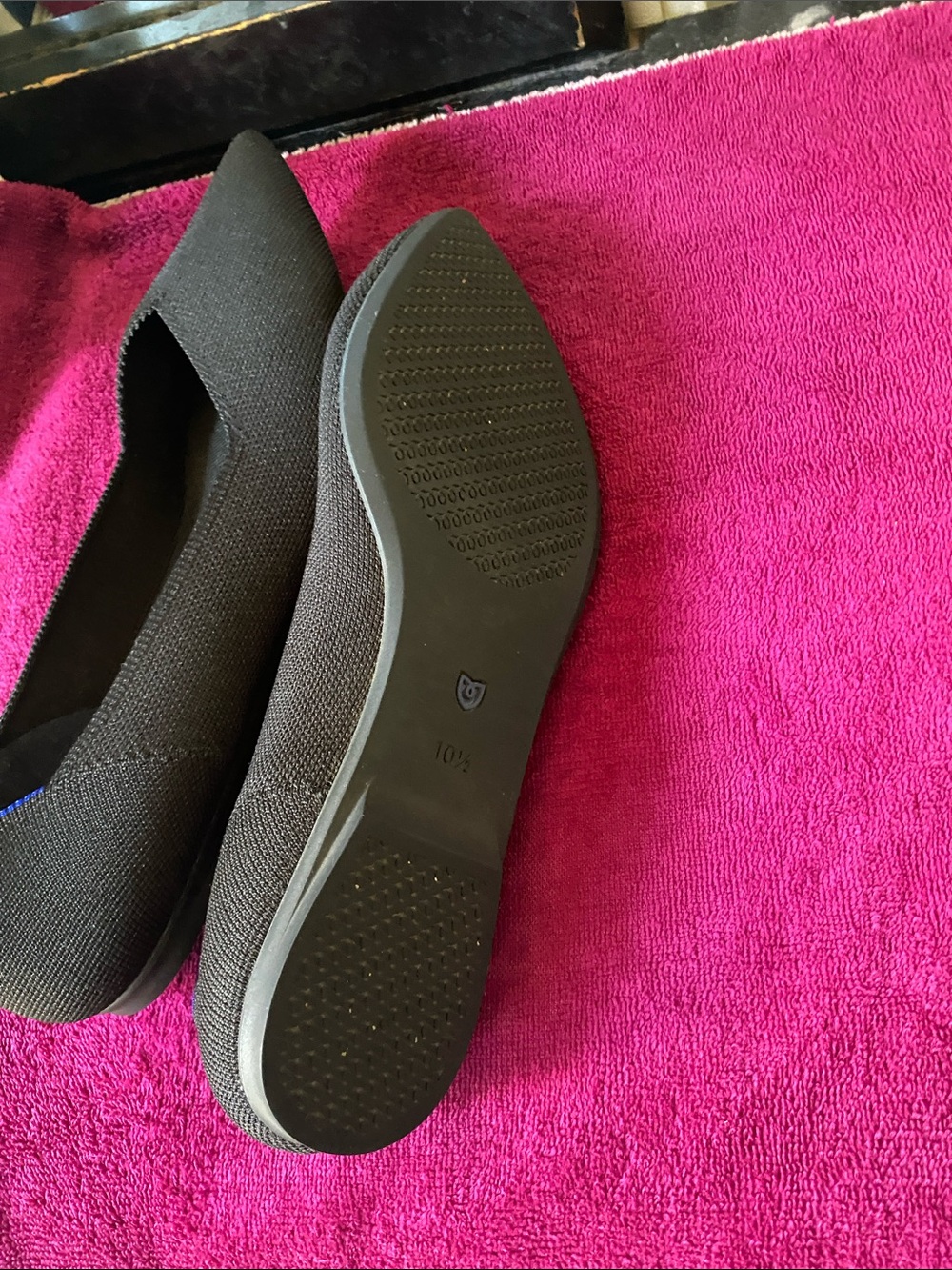 Rothy's Black Pointed Knit Flats with Blue Trim - Picture 5 of 7